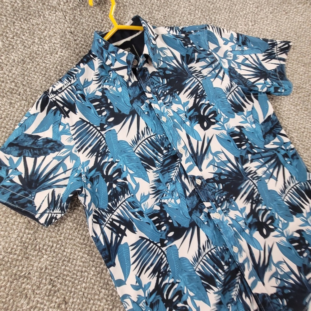 Fried‎ Denim Mens Blue White Tropical Palm Print Button Down Shirt M Slim Fit